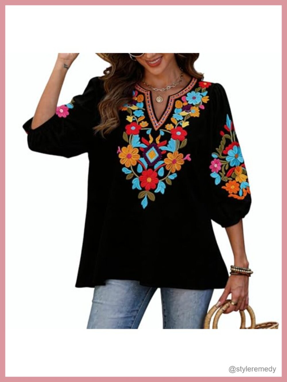 Floral Embroidered Peasant Top 3/4 Elastic Sleeve Boho Tunic